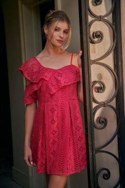 Christabelle Lace One Shoulder Asymmetrical Mini Dress - FUCHSIA