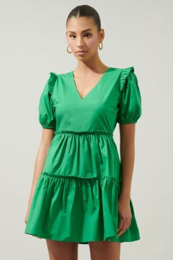 Madrigal Poplin Tiered Mini Dress - KELLY-GREEN