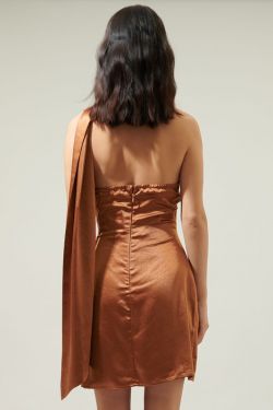 Sallier Satin One Shoulder Mini Dress - CHOCOLATE