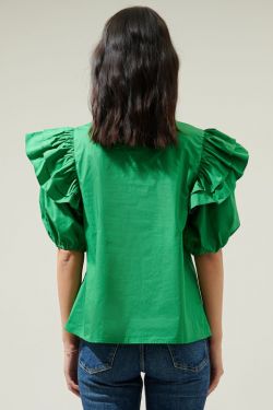 Flores Poplin Ruffle Short Sleeve Top - KELLY-GREEN