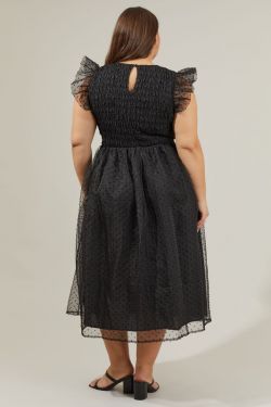Lucille Organza Dot Smocked Midi Dress Curve - BLACK