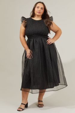 Lucille Organza Dot Smocked Midi Dress Curve - BLACK