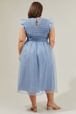 Lucille Organza Dot Smocked Midi Dress Curve - DUSTY-BLUE