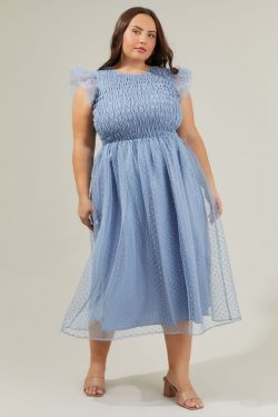 Lucille Organza Dot Smocked Midi Dress Curve - DUSTY-BLUE