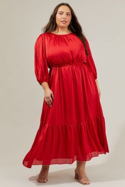 Carmine Solid Midi Dress Curve - RED