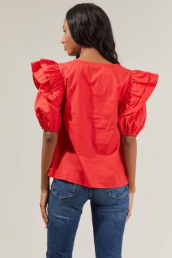 Flores Poplin Ruffle Short Sleeve Top - RED