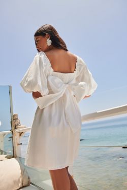 Marion Oversized Puff Sleeve Babydoll Mini Dress - WHITE