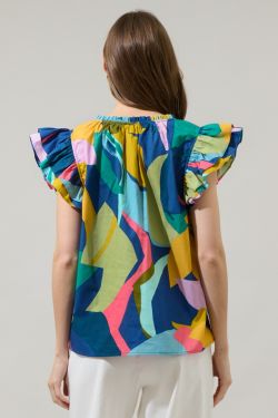 Gia Abstract Risette Ruffle Split Neck Top Curve