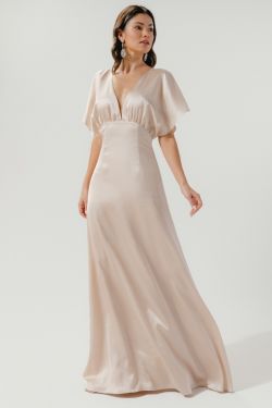 Darling Flutter Sleeve Cut Out Satin Maxi Dress - CHAMPAGNE