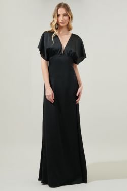 Darling Flutter Sleeve Cut Out Satin Maxi Dress - BLACK