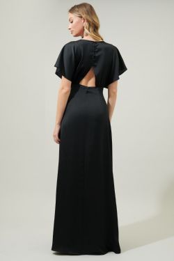Darling Flutter Sleeve Cut Out Satin Maxi Dress - BLACK