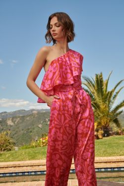 Coral Kiss One Shoulder Ruffle Cropped Jumpsuit