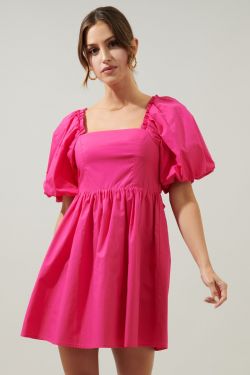 Marion Oversized Puff Sleeve Babydoll Mini Dress - FUCHSIA