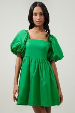 Marion Oversized Puff Sleeve Babydoll Mini Dress - KELLY-GREEN