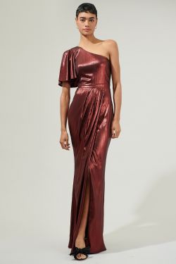 Primadonna Liquid Gold One Shoulder Maxi Gown-WINE