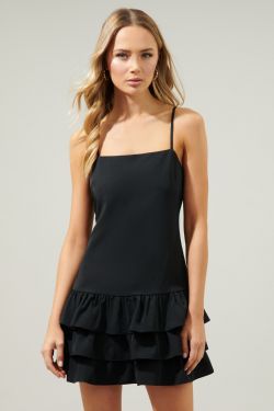 Sarai Ruffle Layer Mini Cami Dress - BLACK