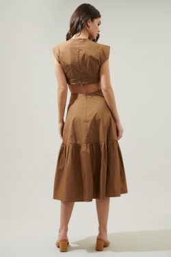 Torie Cut Out Poplin Midi Dress - BROWN