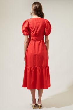Sunny Stroll Poplin Wrap Top MIdi Dress - RED