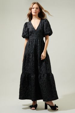 Arielle Jacquard Maxi Tiered Dress - BLACK