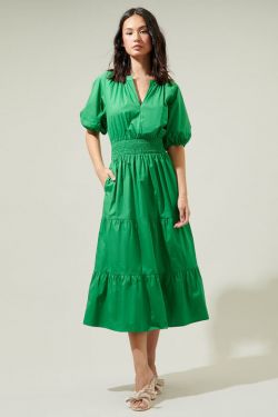 Jamila Poplin Puff Sleeve MIdi Dress - KELLY-GREEN
