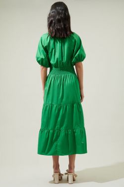 Jamila Poplin Puff Sleeve MIdi Dress - KELLY-GREEN