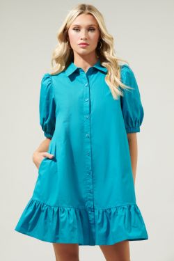 Levy Button Down Shift Dress - TEAL