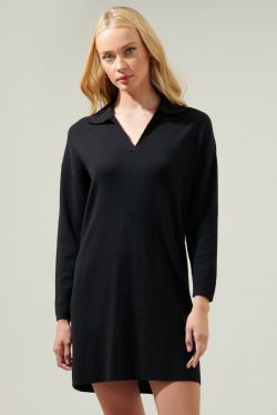 Emerla Relaxed Collared Sweater Dress - BLACK
