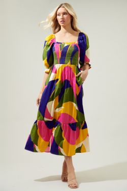 Rio Abstract Simone Poplin Smocked Maxi Dress