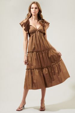 Petaluma Poplin Flutter Sleeve Midi Dress - BROWN