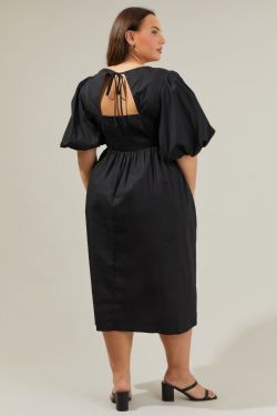 Rye Poplin Puff Sleeve Midi Dress Curve - BLACK