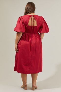 Rye Poplin Puff Sleeve Midi Dress Curve - CHERRY