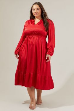 Fabiola Split Neck Midi Dress Curve - RED
