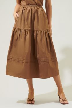 Flores Pleated Midi Skirt - BROWN