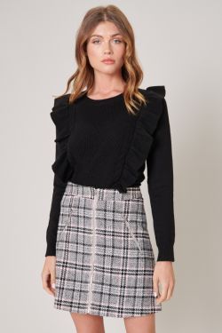 Wildfire Cable Knit Ruffle Sweater - BLACK