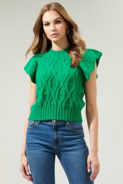 Tatum Flutter Sleeve Cable Knit Sweater Top - KELLY-GREEN