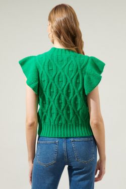 Tatum Flutter Sleeve Cable Knit Sweater Top - KELLY-GREEN