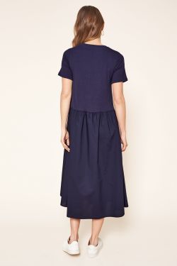 Sheila Short Sleeve Knit Poplin Trapeze Midi Dress - NAVY