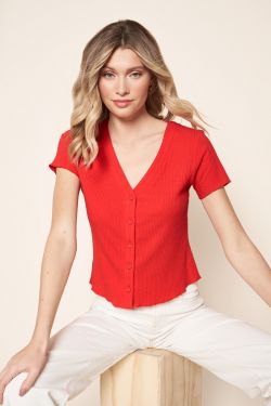 Macie Short Sleeve Button Down Crop Top - RED