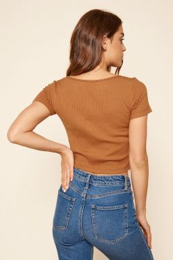 Provence Ribbed Knit Scoop Neck Cropped Top - BROWN