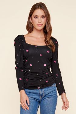 Mika Floral Dot Jersey Knit Ruched Long Sleeve Top