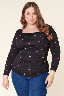 Mika Floral Dot Jersey Knit Ruched Long Sleeve Top Curve