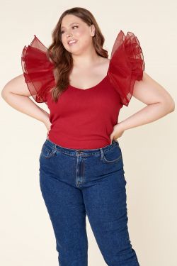 Lennon Ribbed Knit Puff Sleeve Top Curve - RED