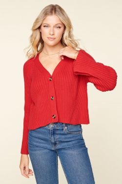 Berlin Button Front Ribbed Cardigan Sweater - RED