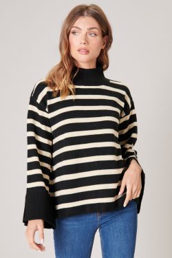 Slayder Striped Turtleneck Wide Sleeve Sweater - BLACK-CREAM
