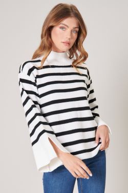 Slayder Striped Turtleneck Wide Sleeve Sweater - BLACK-WHITE