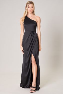 Prestige One Shoulder Asymmetrical Maxi Dress - BLACK