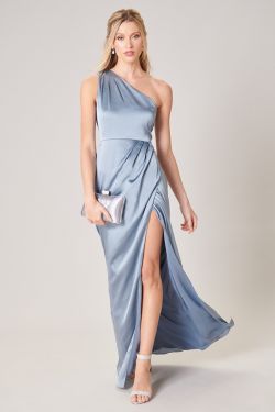 Prestige One Shoulder Asymmetrical Maxi Dress - DUSTY-BLUE