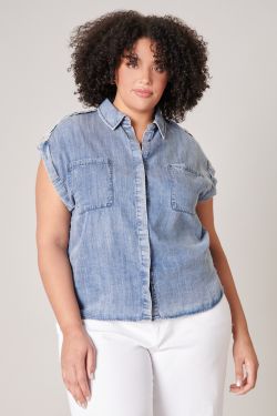 Acid Wash Chambray Button Down Top Curve - WASHED-BLUE