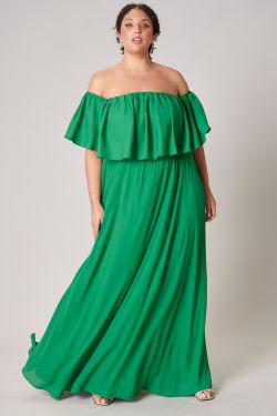 Enamored Off the Shoulder Ruffle Dress Curve - KELLY-GREEN