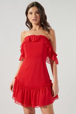 Emmy Off the Shoulder Mini Dress - CHERRY-RED